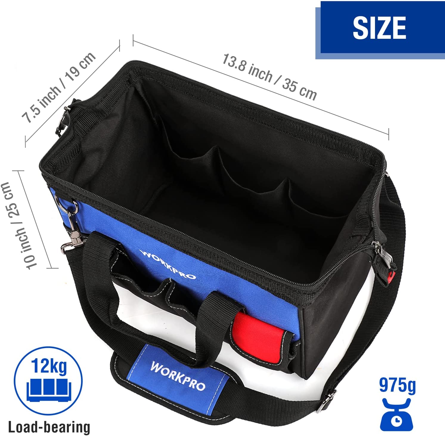 Black 14-inch tool bag with blue organizer panel, multiple interior pockets and side straps