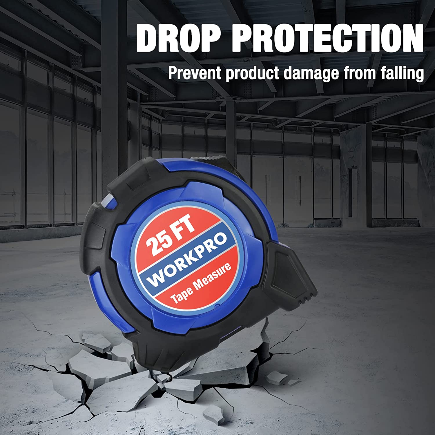 Retractable 25 ft tape measure with drop-protection housing and extended blade