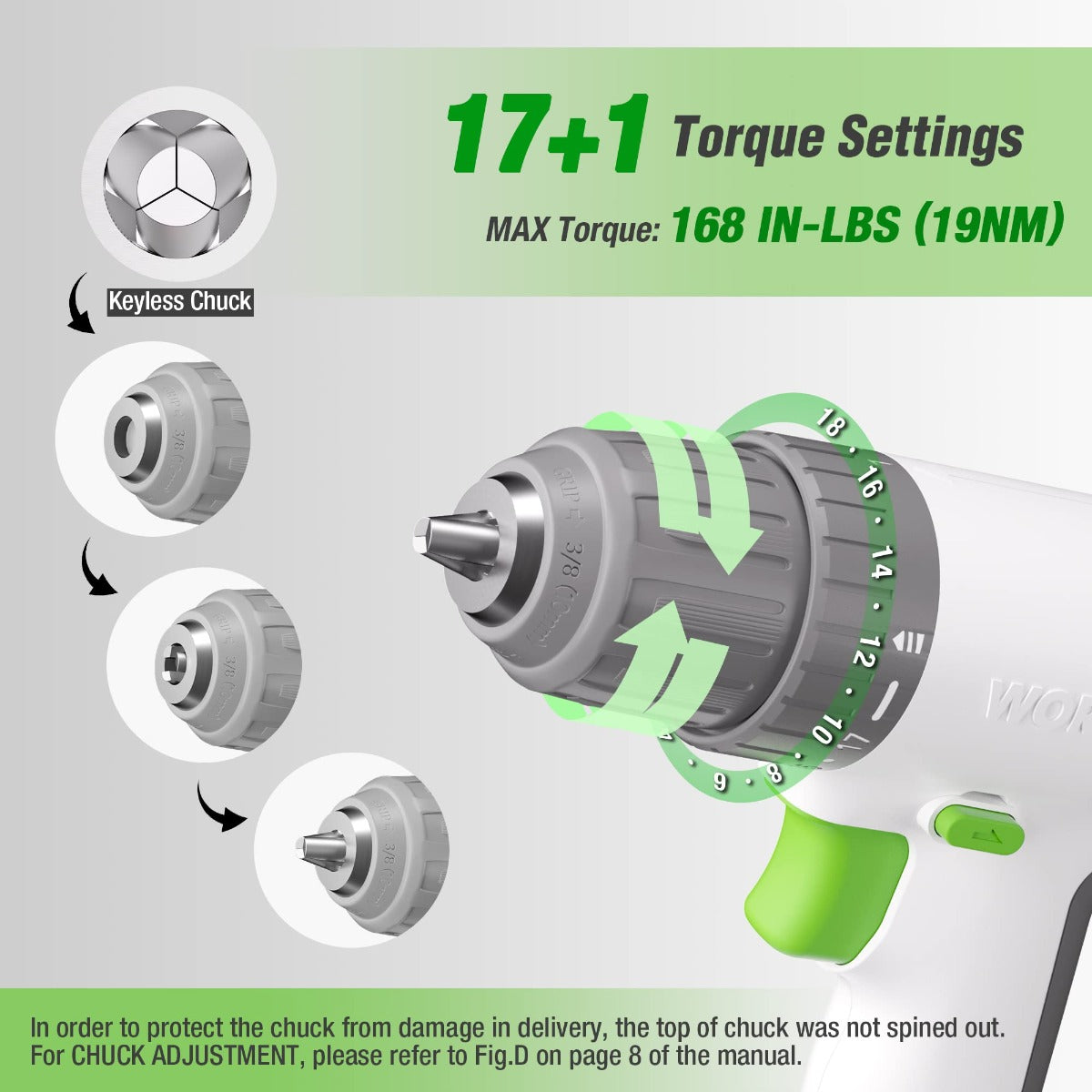 WORKPRO 12V keyless-chuck cordless drill driver with adjustable torque settings ring