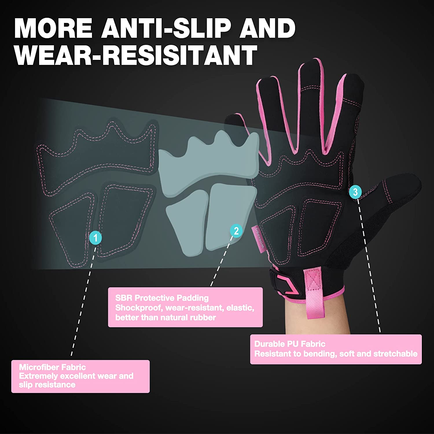 Black and pink work gloves with stitched palm grip and wear-resistant padding