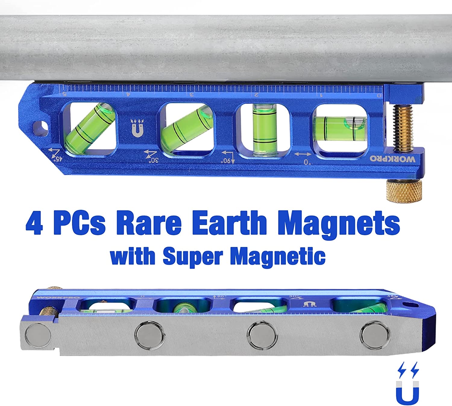 WORKPRO blue conduit bending level with green vials and magnet base