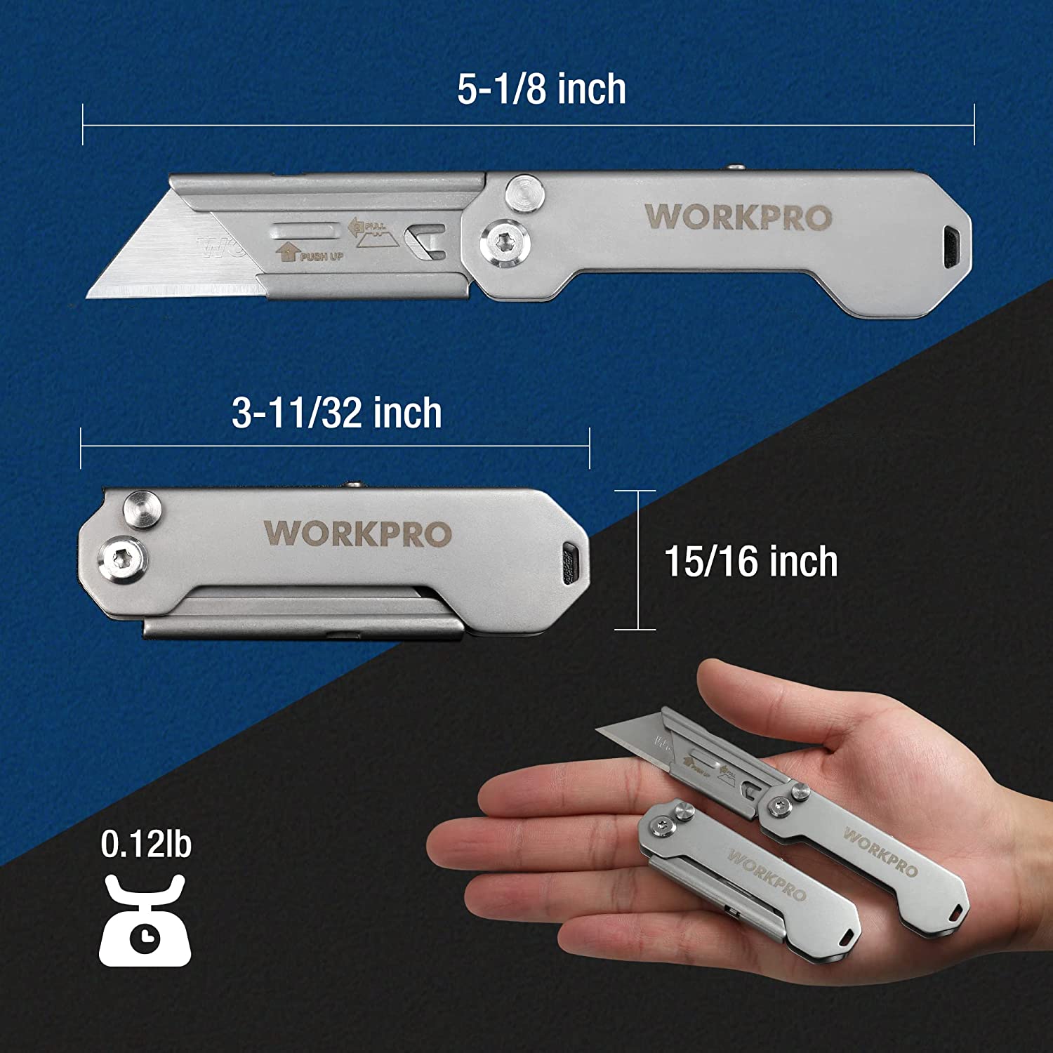 Utility knife blade sizes shown: 5-1/8 in, 3-11/32 in, 15/16 in