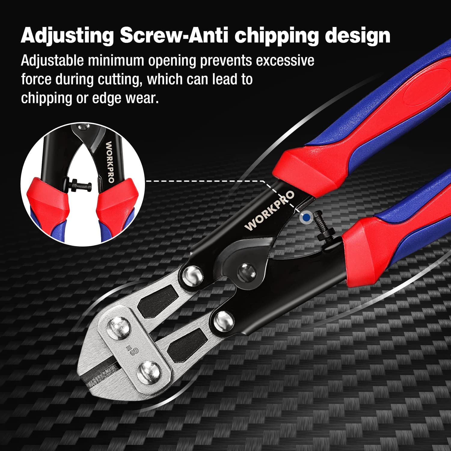 Mini bolt cutter with adjusting screw anti-chipping design for controlled cutting