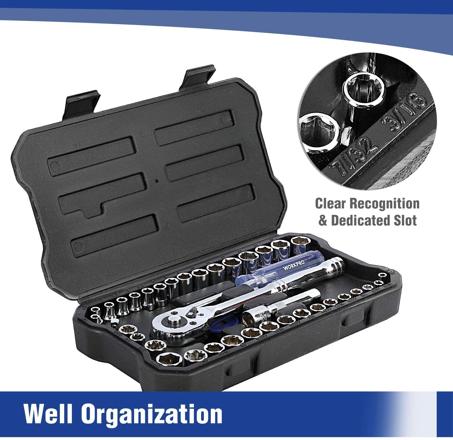 Socket wrench set in black molded case with neatly arranged chrome sockets and ratchet