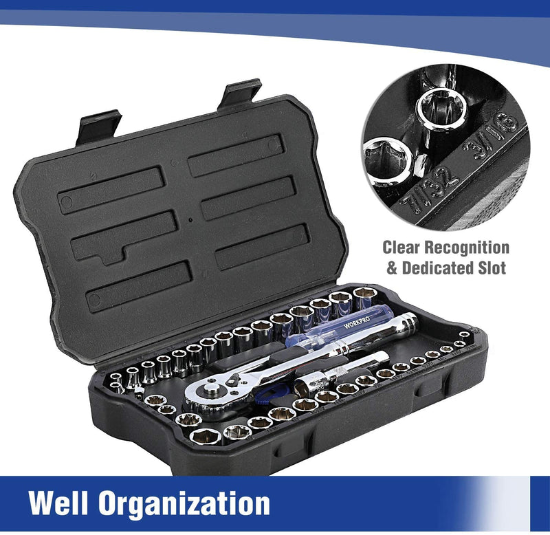 WORKPRO 39 Pcs Drive Socket Wrench Mechanics Tool Set with Tool Box Metric and SAE