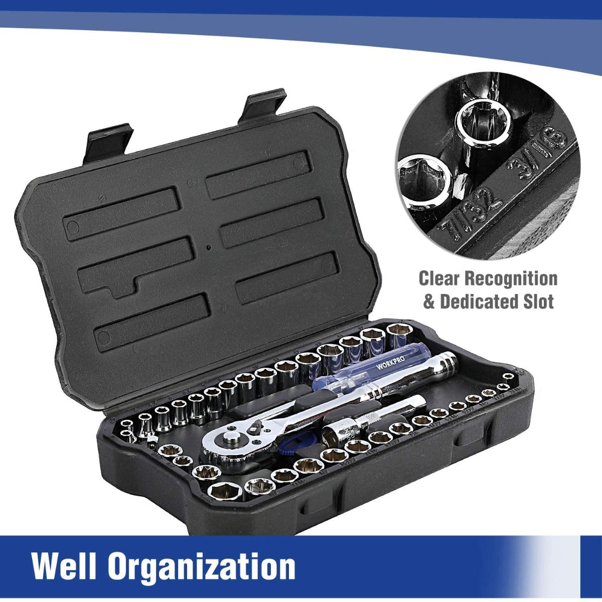 WORKPRO 39 Pcs drive socket wrench set with chrome vanadium steel sockets in black case for secure work