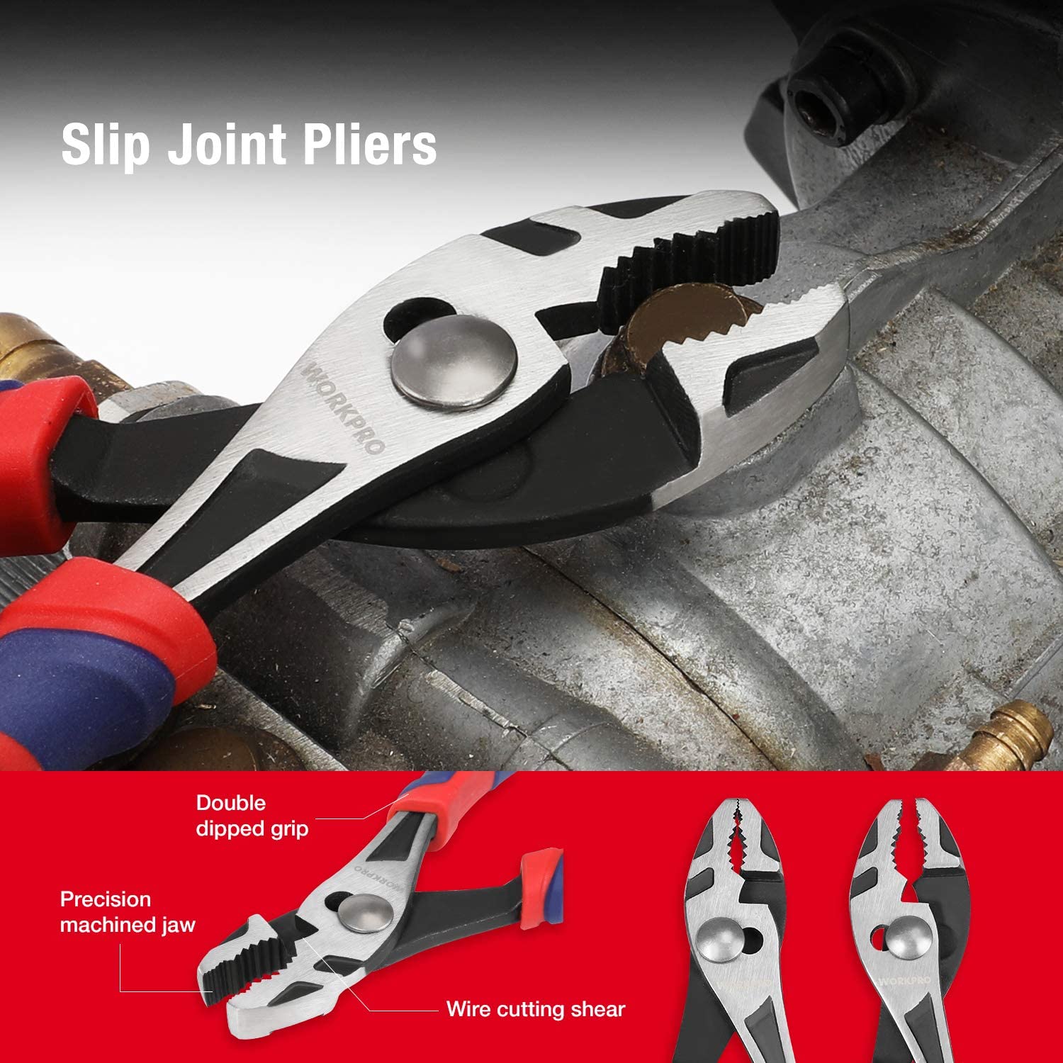 Slip joint pliers with red and blue grips, jaws clamped on a metal pipe