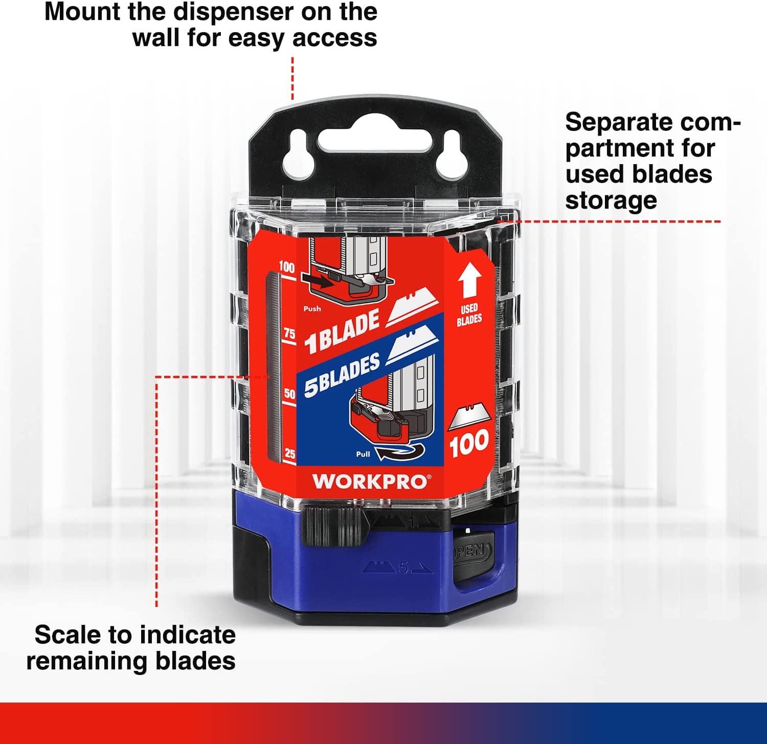 WORKPRO 100 Pcs SK5 carbon steel utility knife blades set with dispenser, red and blue, durable quality