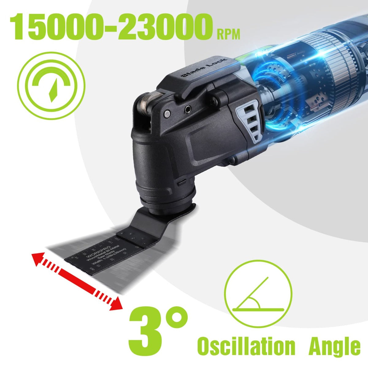 Corded oscillating multi-tool with 3° oscillation angle and base sanding accessory