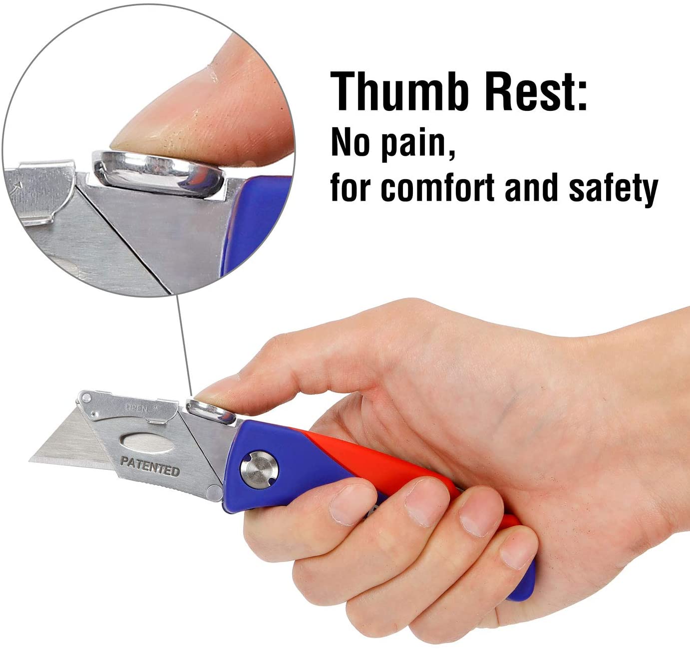 Folding utility knife with blue handle and silver blade, shown being held in hand