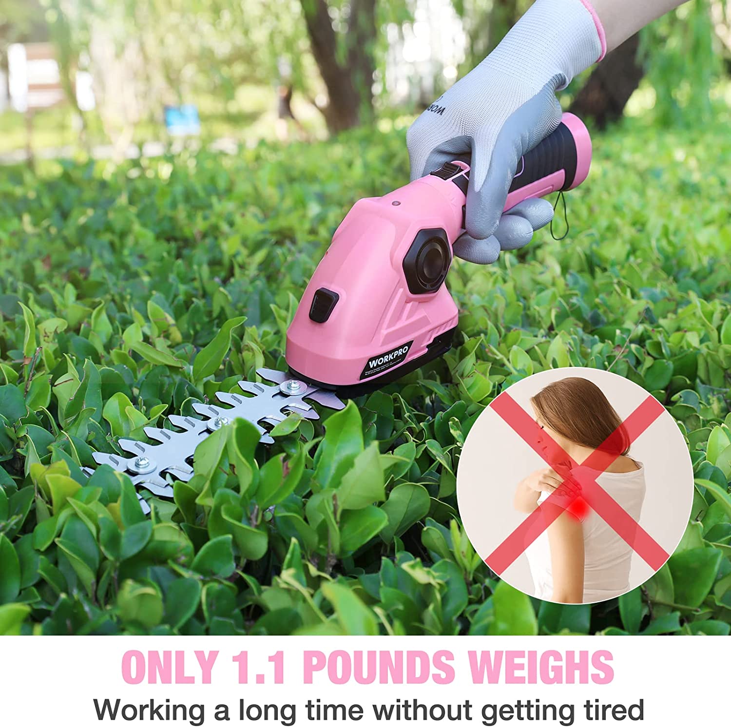 Pink 2-in-1 cordless hedge trimmer with safety guard being used to cut hedge leaves