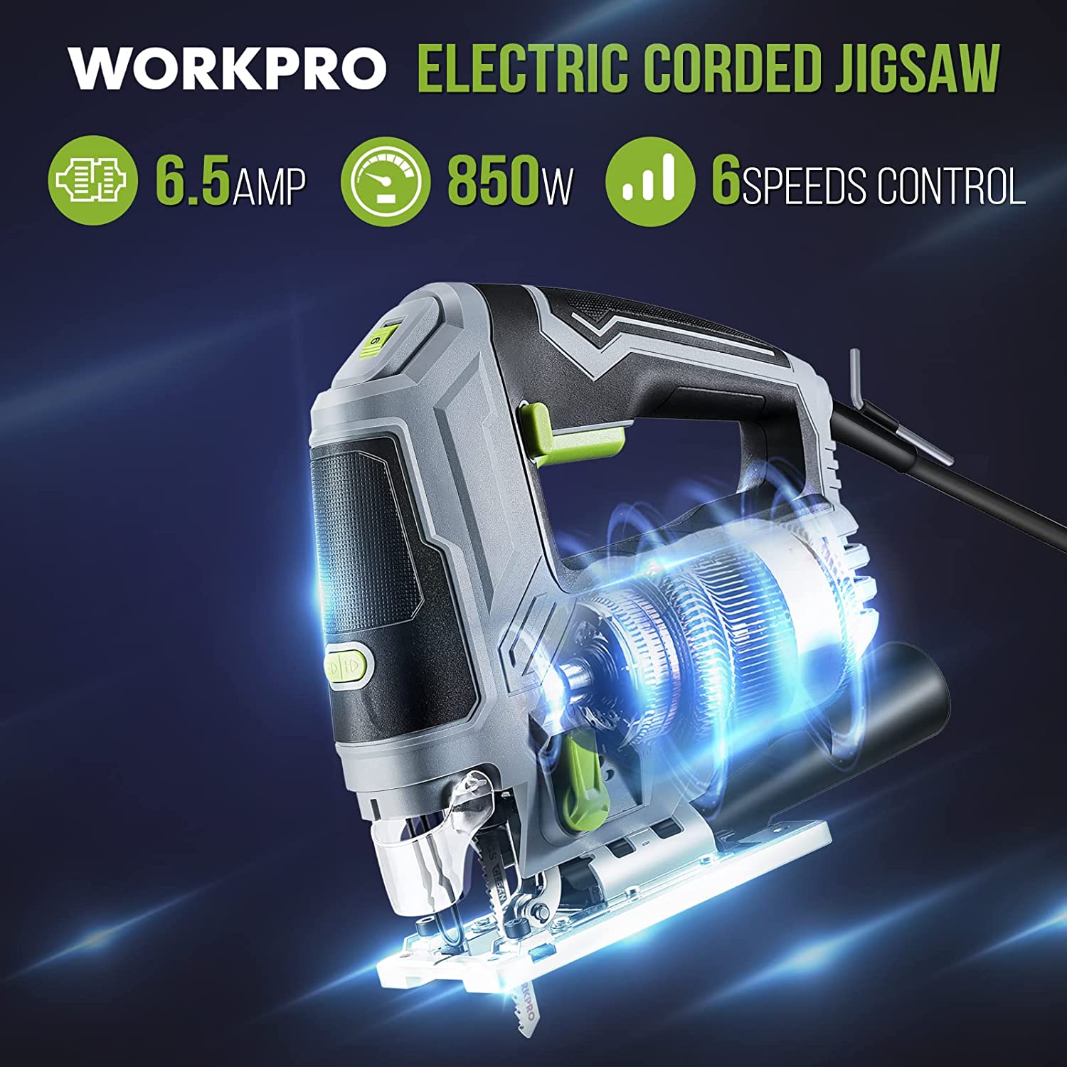 Corded electric jigsaw with front blade mount and orbital action housing