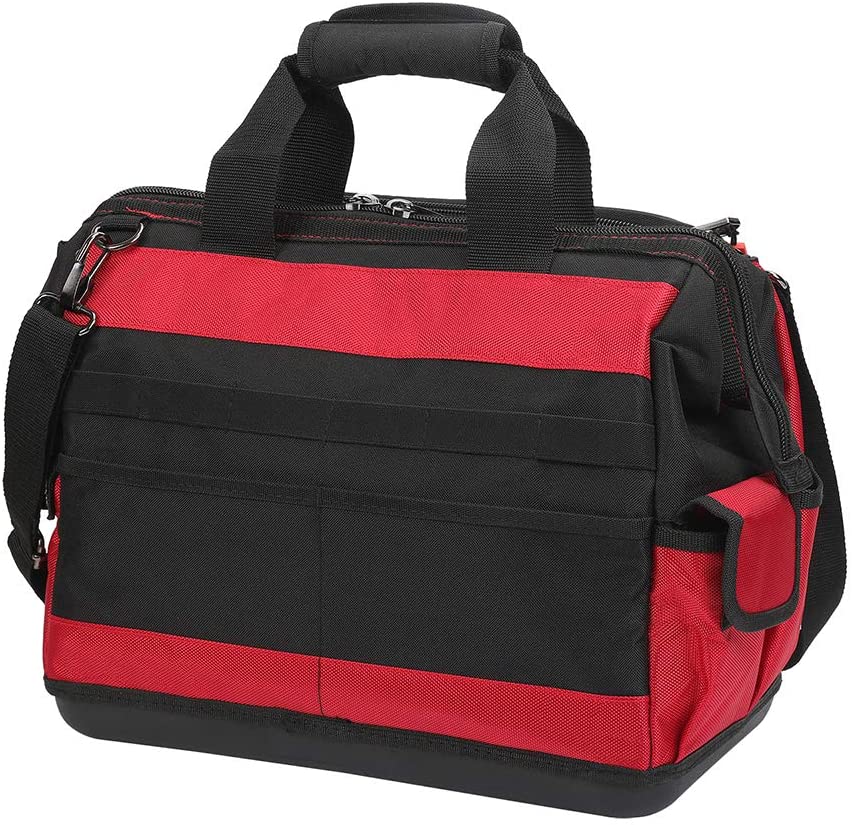 Red and black tool bag with wide opening, front pocket panel, and padded carry handle