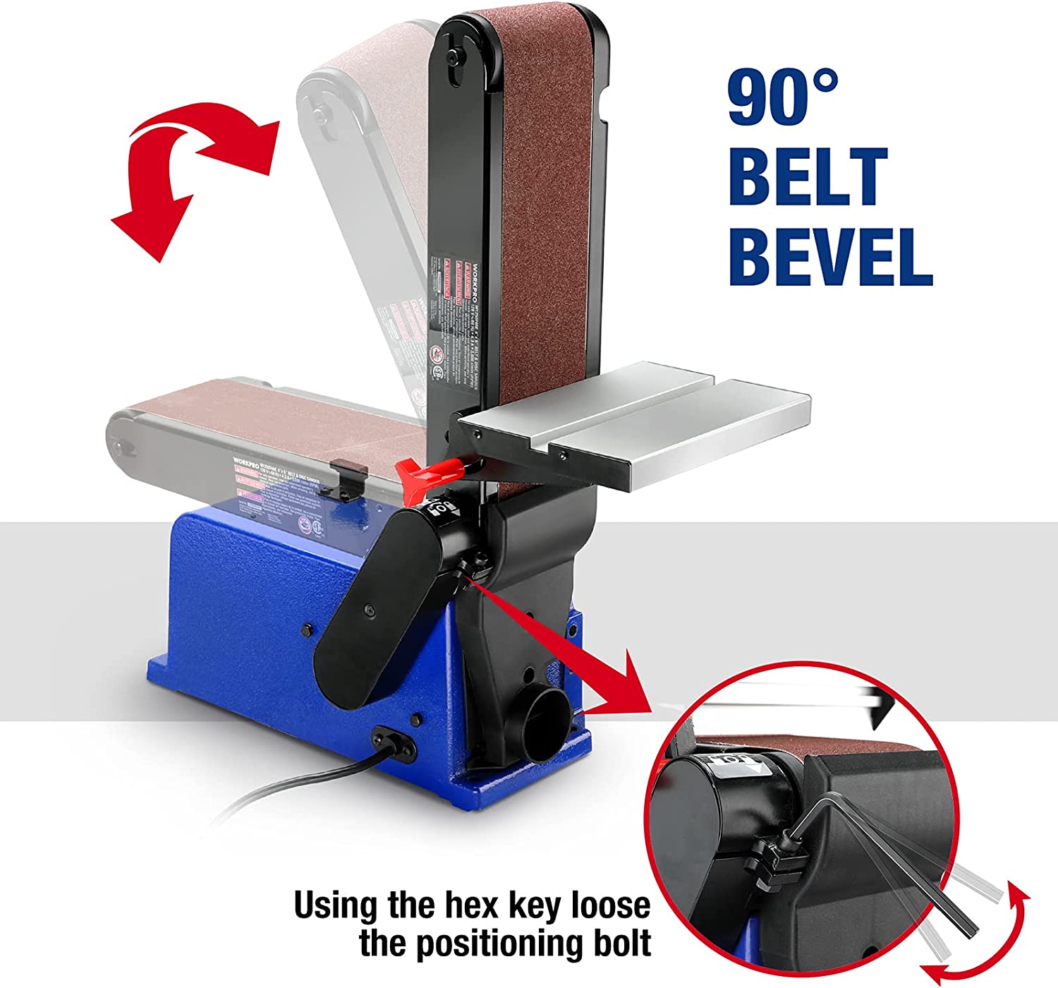 Belt and disc sander with sanding belt and miter gauge, black and blue base