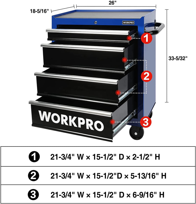 WORKPRO 4-Drawer Tool Chest, 26-Inch Rolling Metal Tool Storage Cabinet with Casters, Locking System, Drawer Liner, 450 lbs Load Capacity
