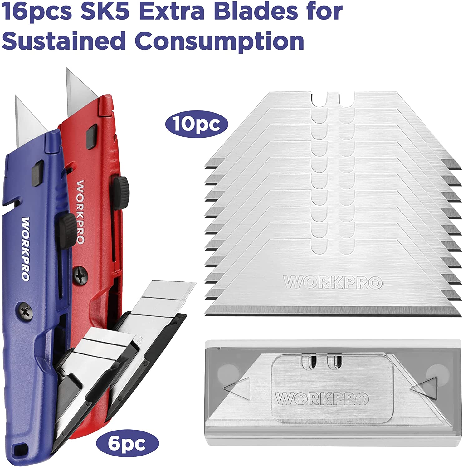 Retractable box cutter with red and blue handles plus spare blade stack