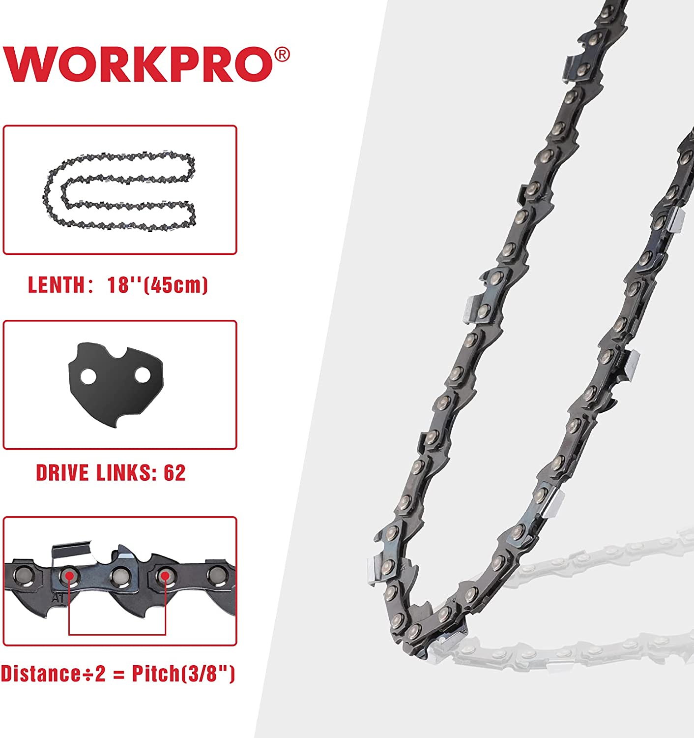 WORKPRO chainsaw chain set, 18 in bar length, 3/8 in pitch, 62 drive links