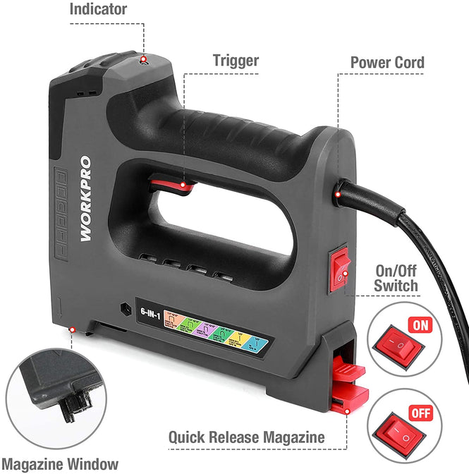 WORKPRO 110V 6 in 1 Electric Stapler Tacker for DIY Project of Woodworking
