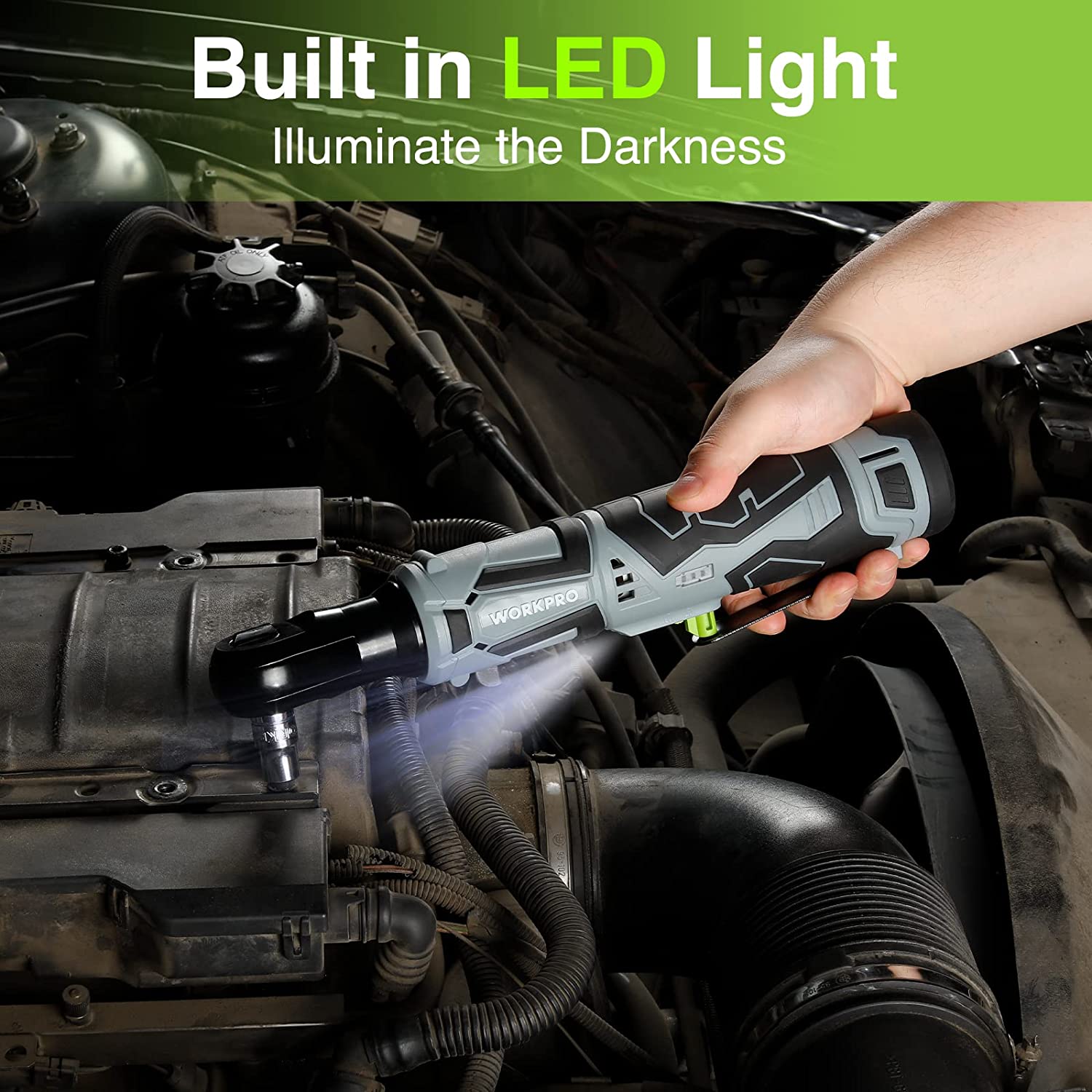 Cordless electric ratchet wrench with built-in LED light illuminating the work area