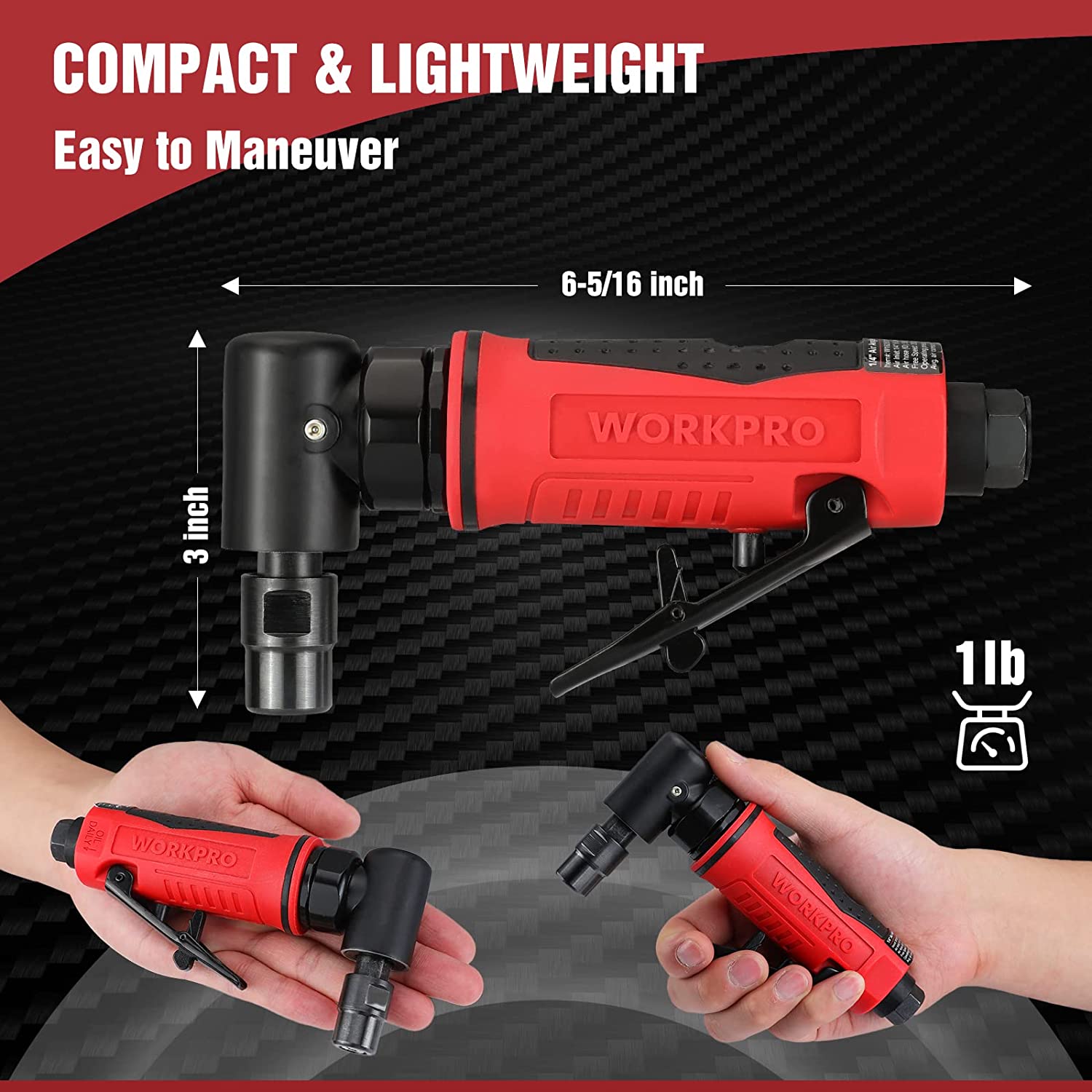 WORKPRO pneumatic right angle die grinder with red and black body, 1/4-in collet