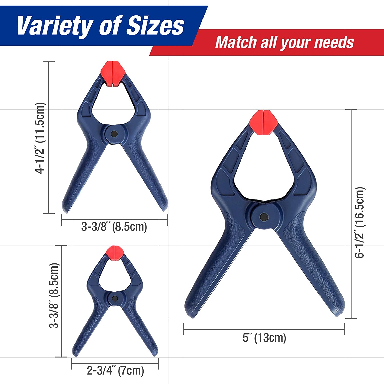 Blue spring clamp with red jaw tips, showing multiple sizes on a pair of clamps