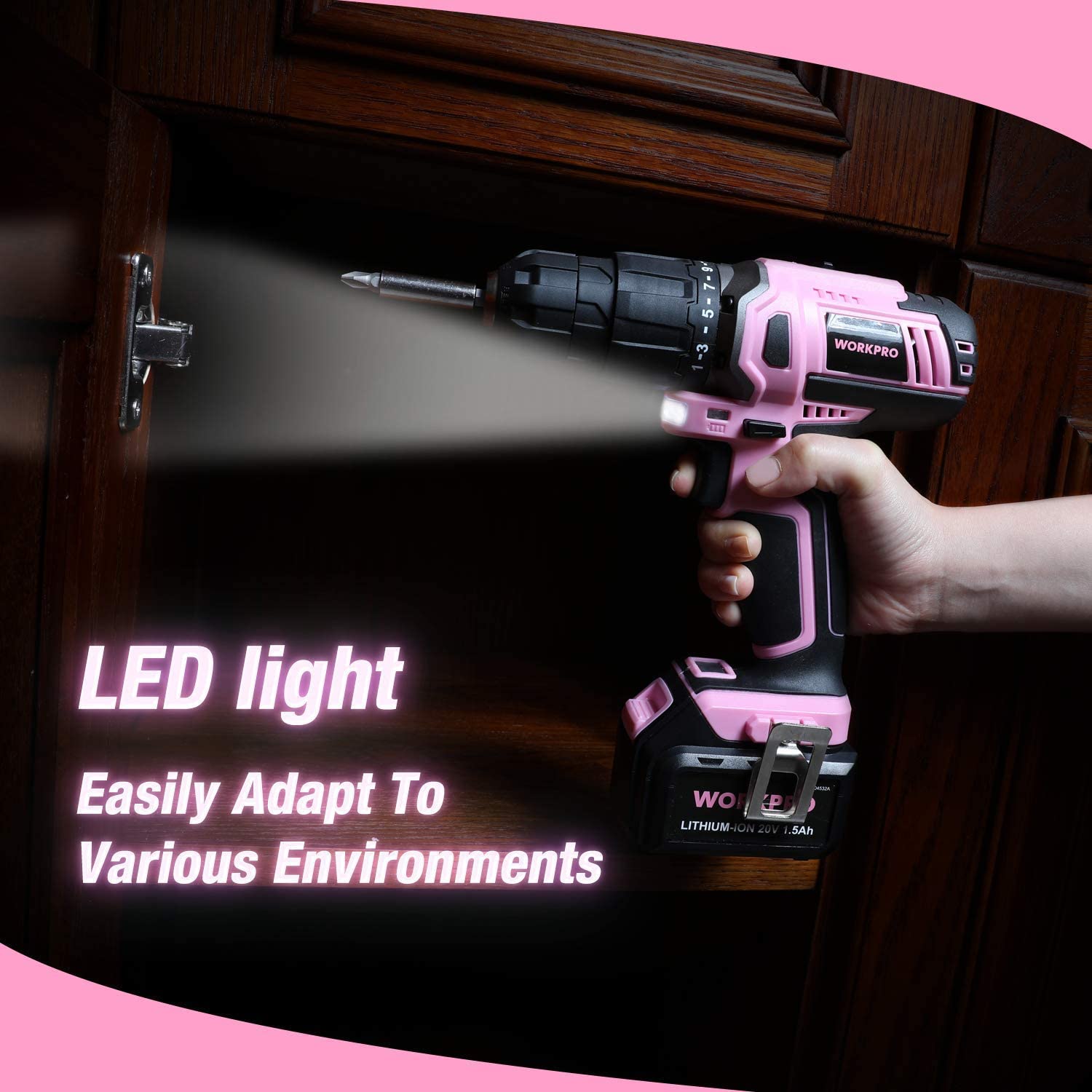 WORKPRO Pink Cordless 20V Lithium-ion Drill Driver Set, quality innovation and secure LED light