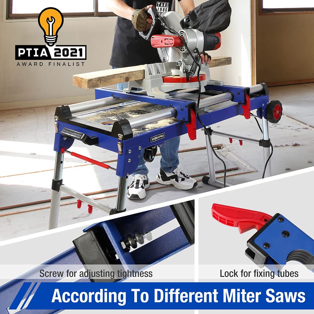 Blue portable miter saw stand supporting a miter saw with lockable fixing tubes
