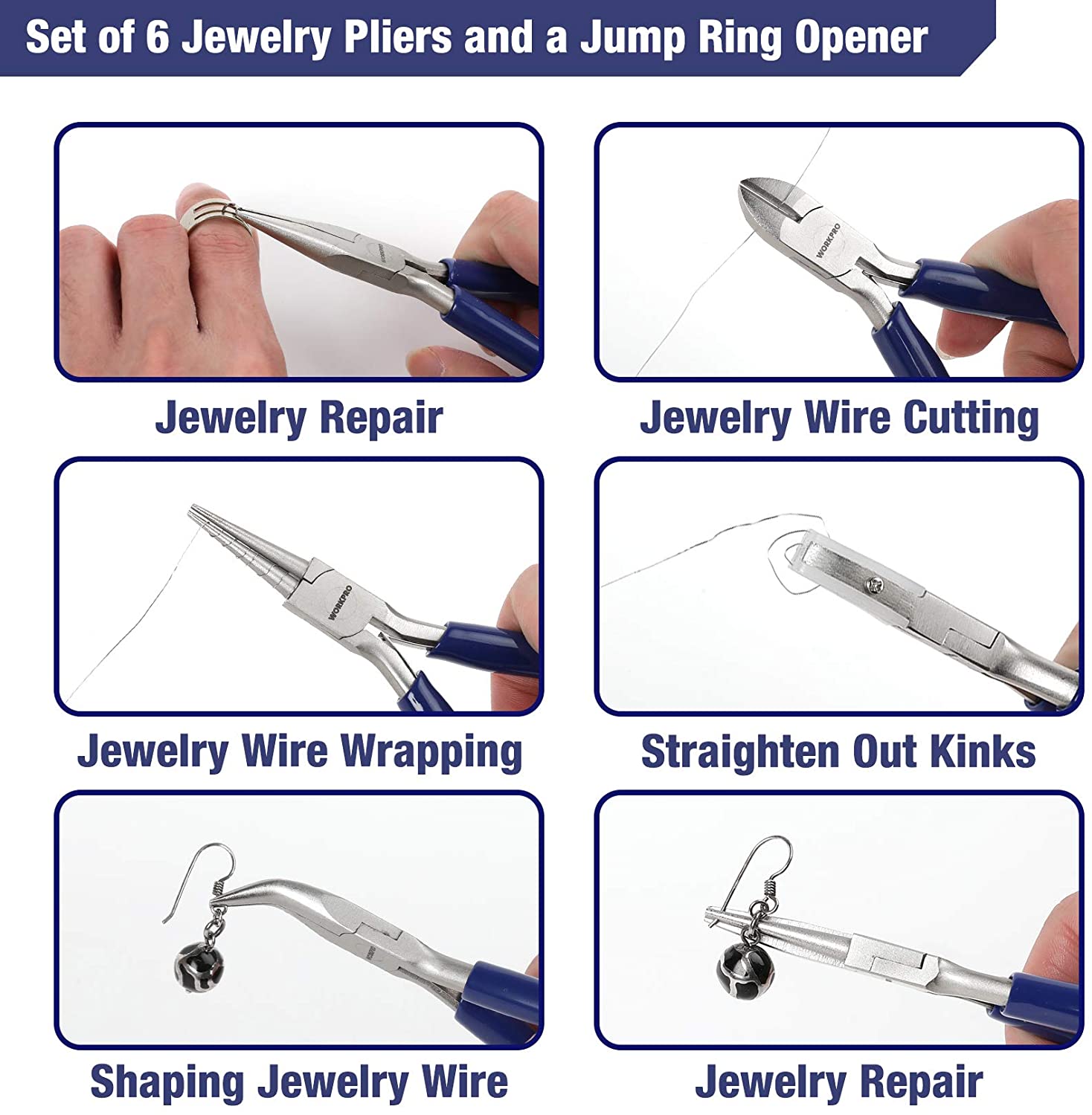 Jewelry pliers and jump ring opener tools with blue handles for wire and repair