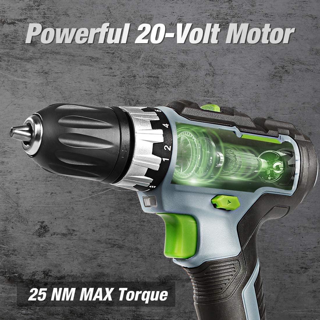 Green and gray WORKPRO cordless drill/driver with keyless chuck and side grip