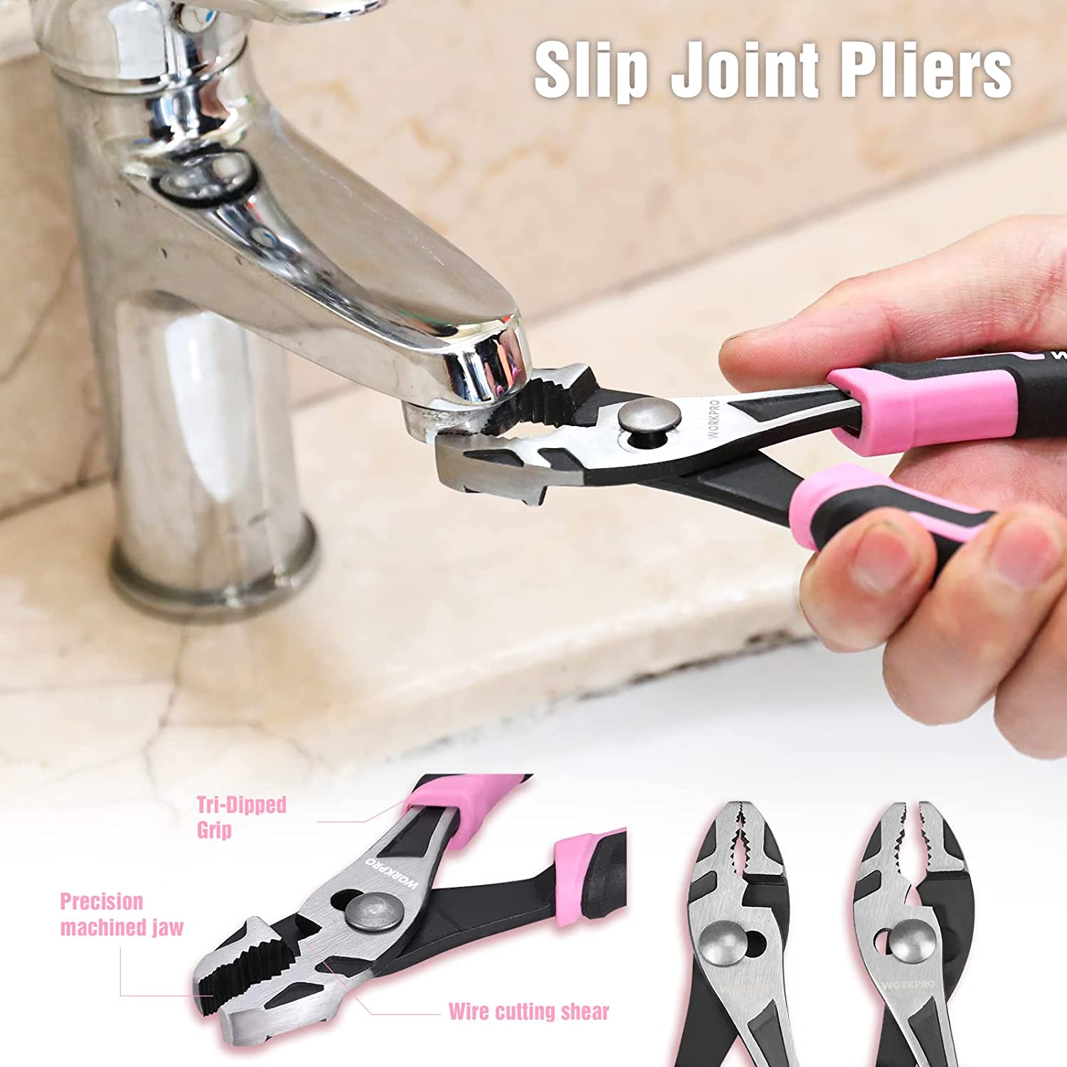 Pink and black slip joint pliers with serrated jaws held near a metal faucet