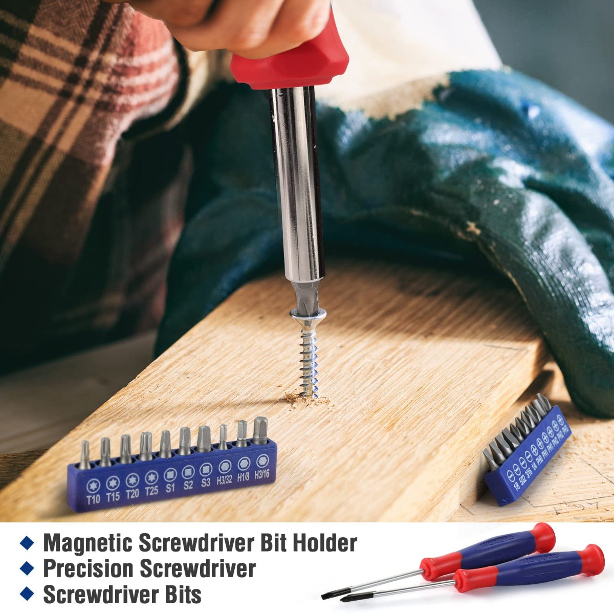Magnetic screwdriver bit holder with pink handle and steel bits on wooden board