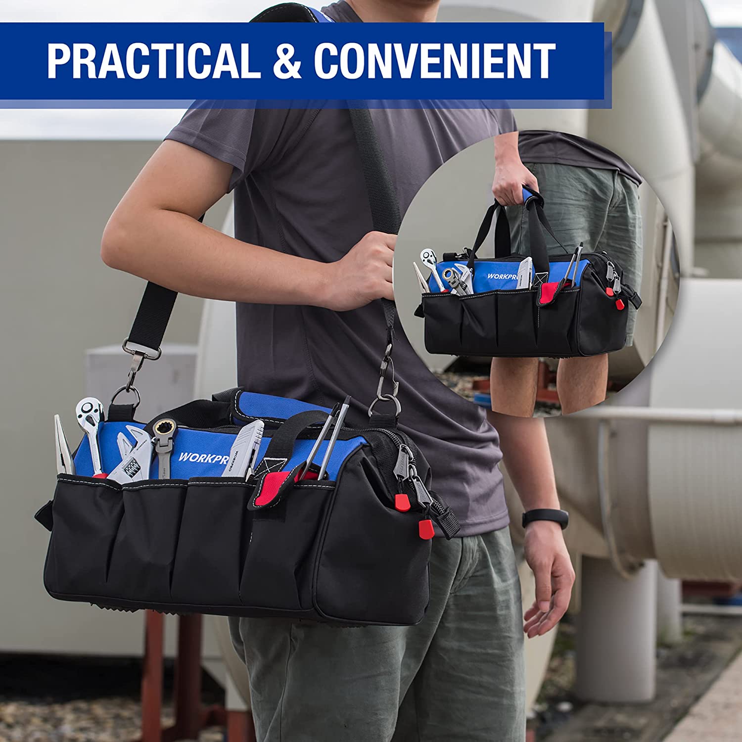 Black and blue tool bag worn on the shoulder with front organizer compartments