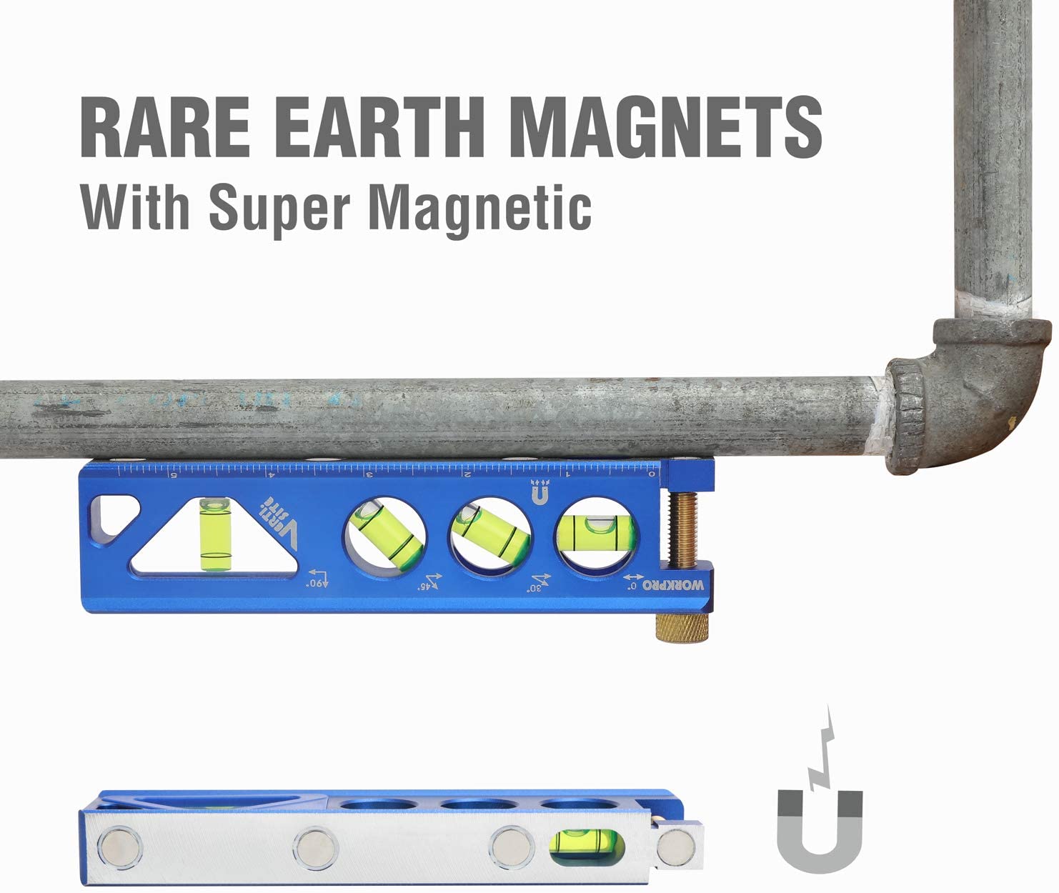 Blue torpedo level with green vials and rare-earth magnets attached to a pipe