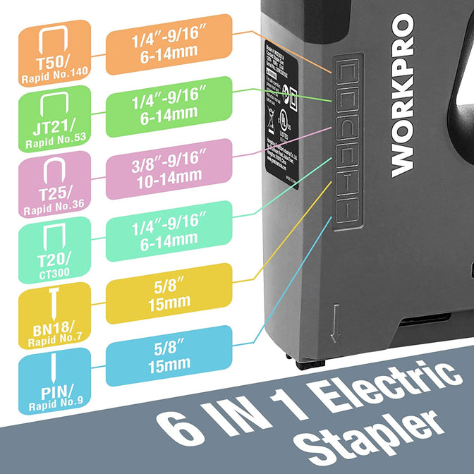 WORKPRO 110V 6 in 1 Electric Stapler Tacker for DIY Project of Woodworking