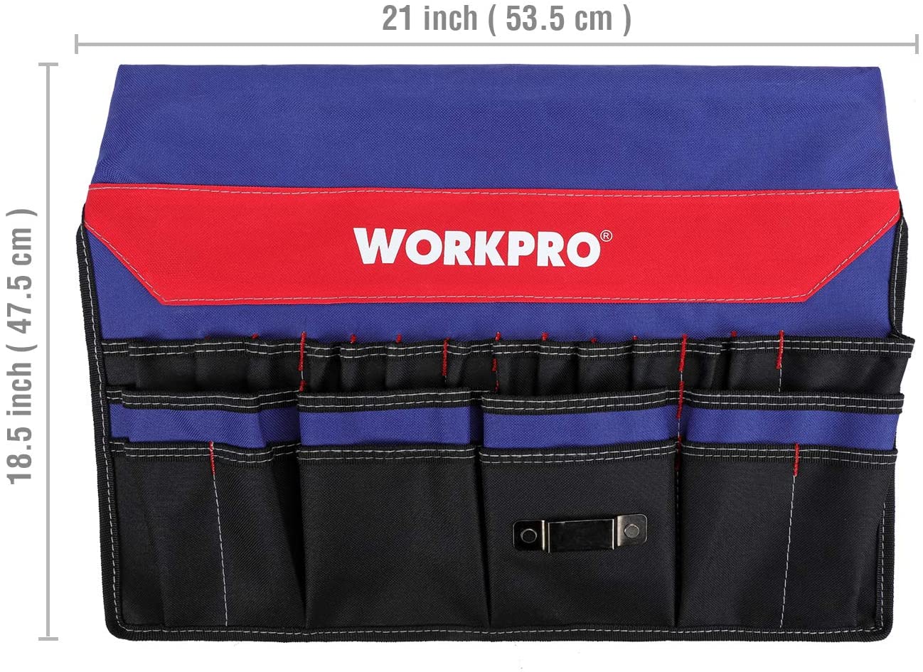 WORKPRO tool bucket organizer with blue outer and red top band over black pocket panels