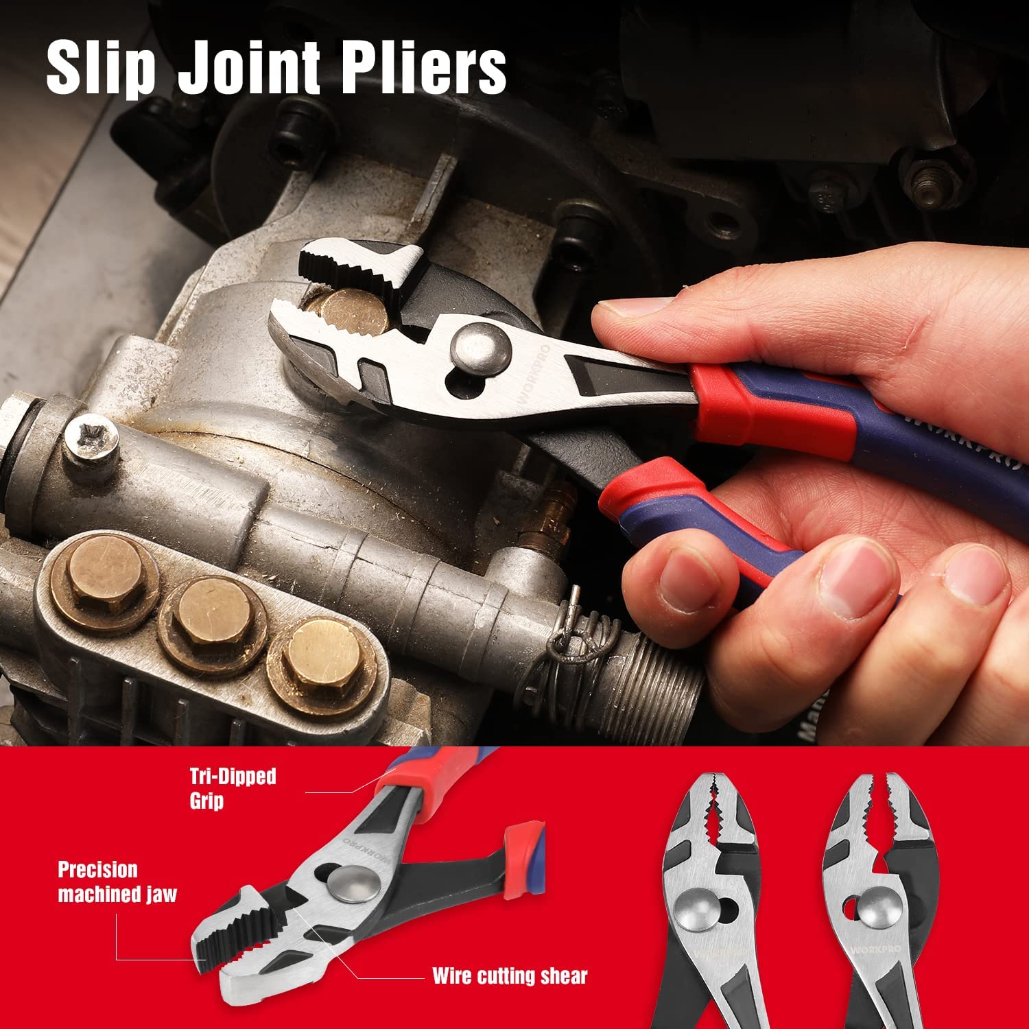 Slip-joint pliers with adjustable joint; silver jaws and red-blue handle in close-up