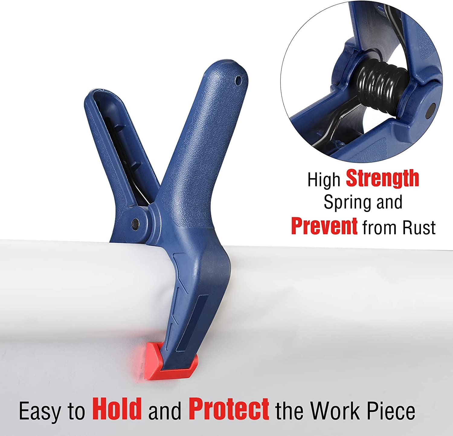 Blue spring clamp holding a white workpiece with red anti-slip pad
