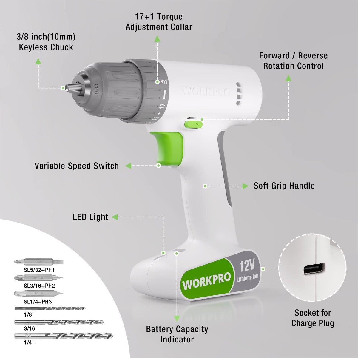 12V cordless drill driver with 3/8 in keyless chuck, variable speed switch, and LED light
