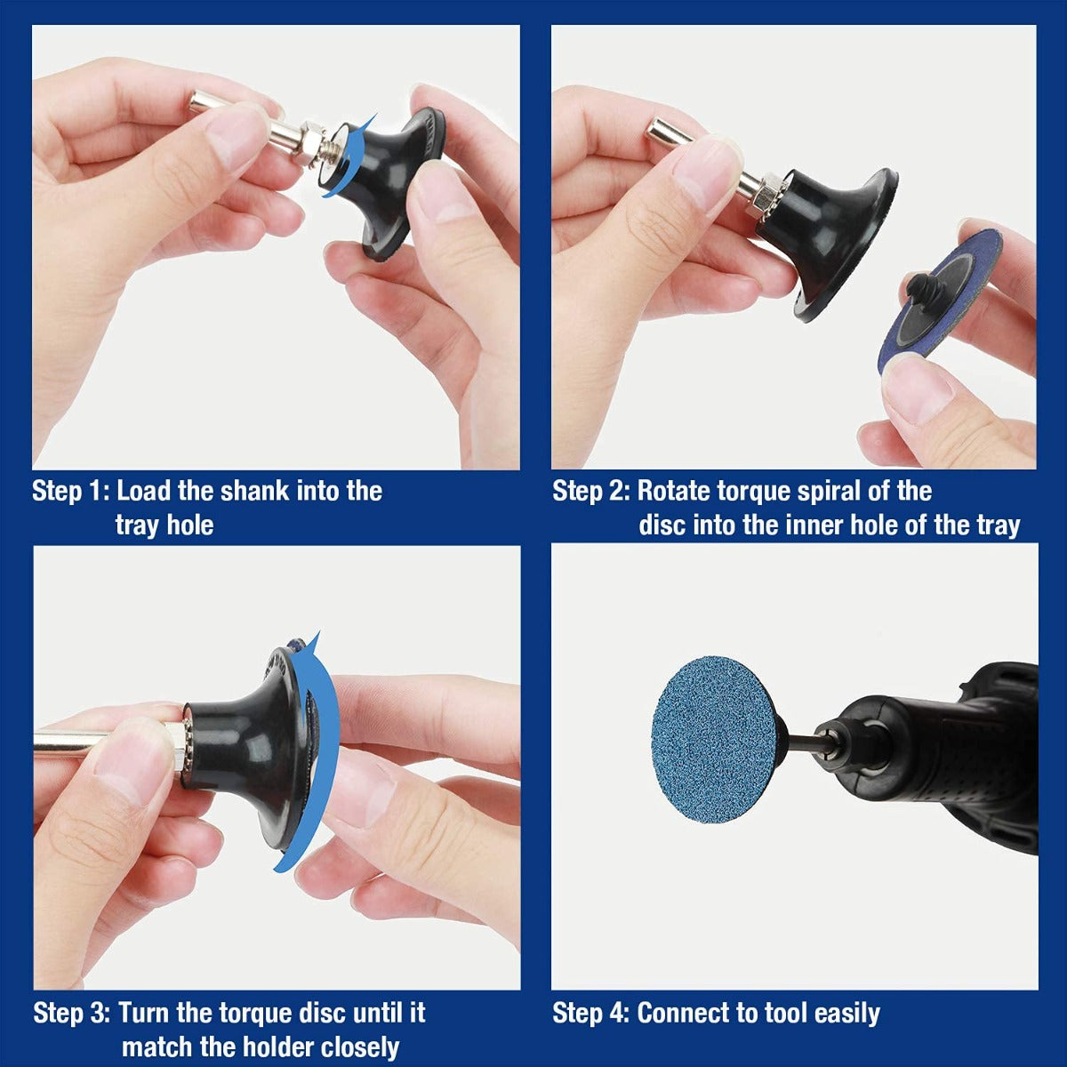 Hands loading a 1/4-inch shank sanding disc into a tray hole and inner disc