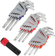 Ball-end hex Allen wrench set with red storage clip; long silver keys