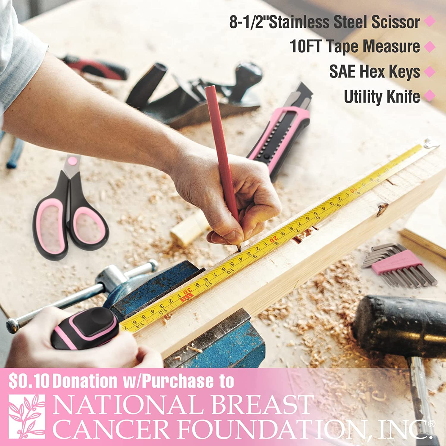 Pink home tool kit set with tape measure and scissors in use