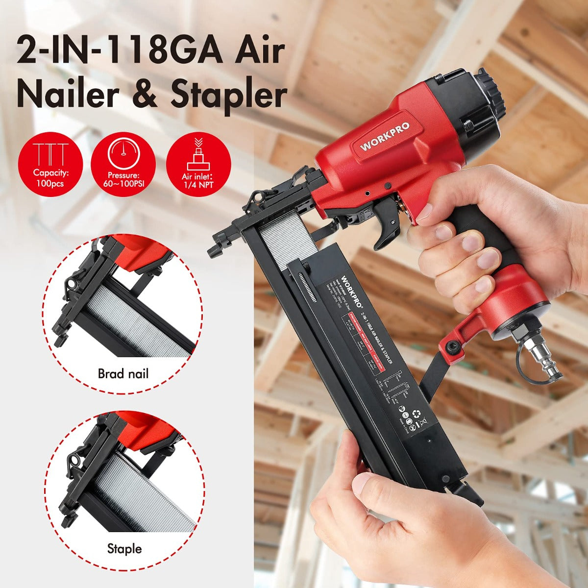 WORKPRO red and black pneumatic 2-in-1 brad nailer and stapler held in hand