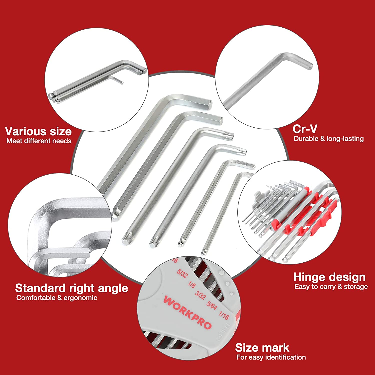 Long-arm hex key set with ball ends; multiple silver wrenches shown