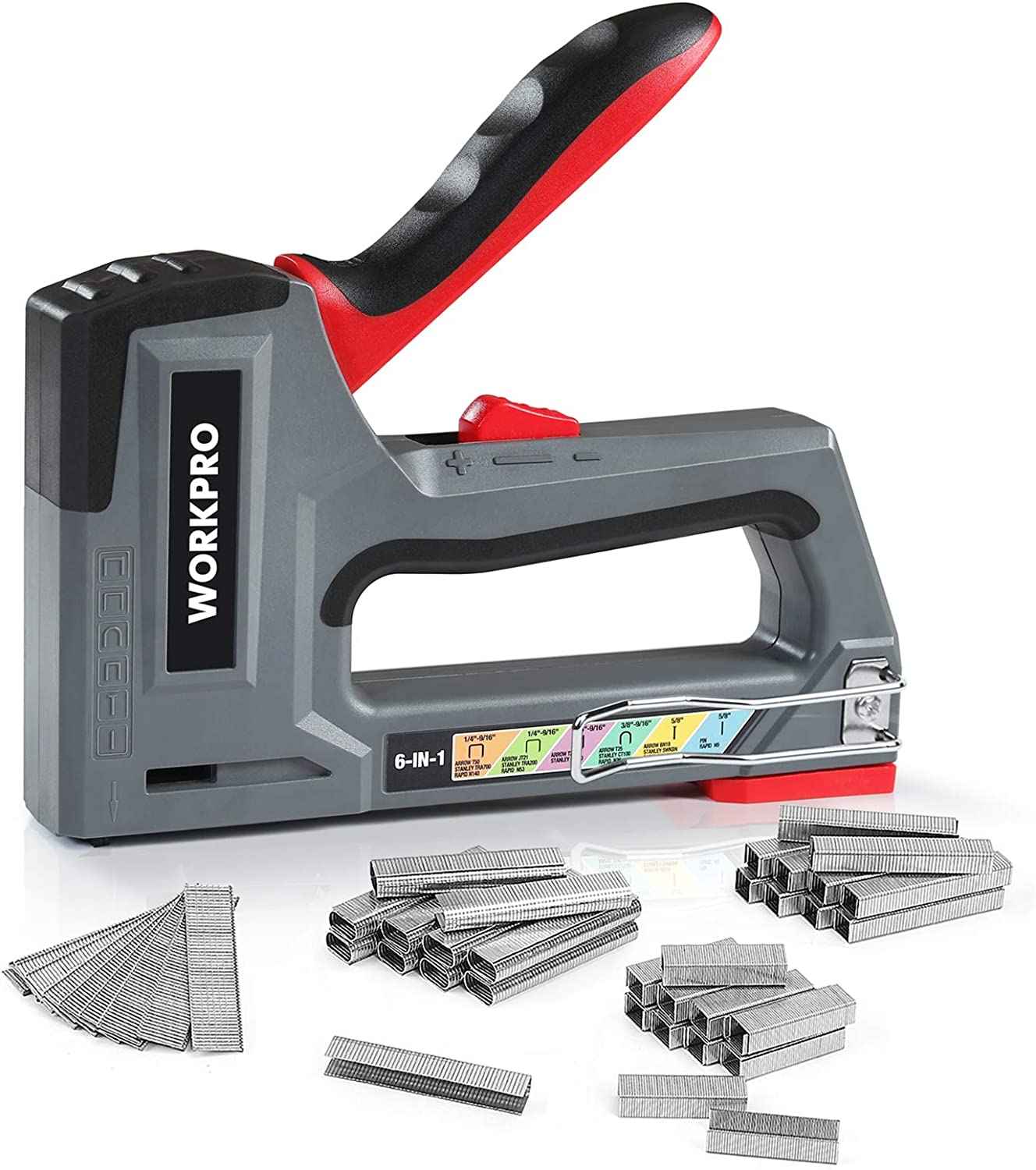 Manual upholstery stapler nailer with grey body and red handle, front loading opening