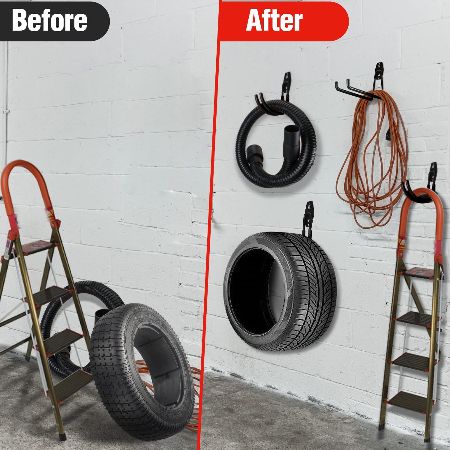 Wall hook set holding tires and tools, with two black double-prong steel hooks