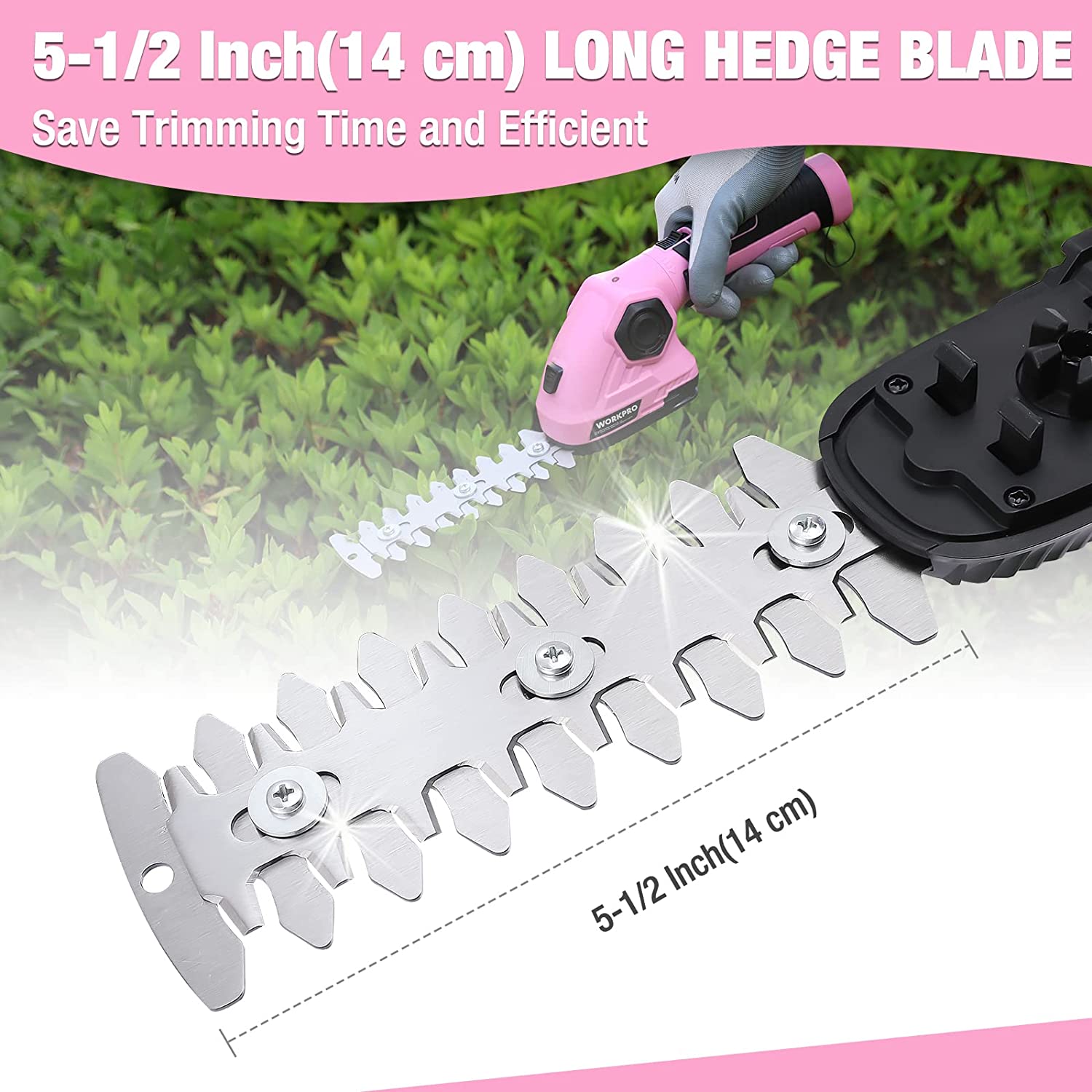 Pink 2-in-1 trimmer with 5-1/2 in (14 cm) hedge blade and comb teeth
