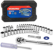 Socket wrench tool set with chrome sockets, ratchet, drive handle, and black carrying case