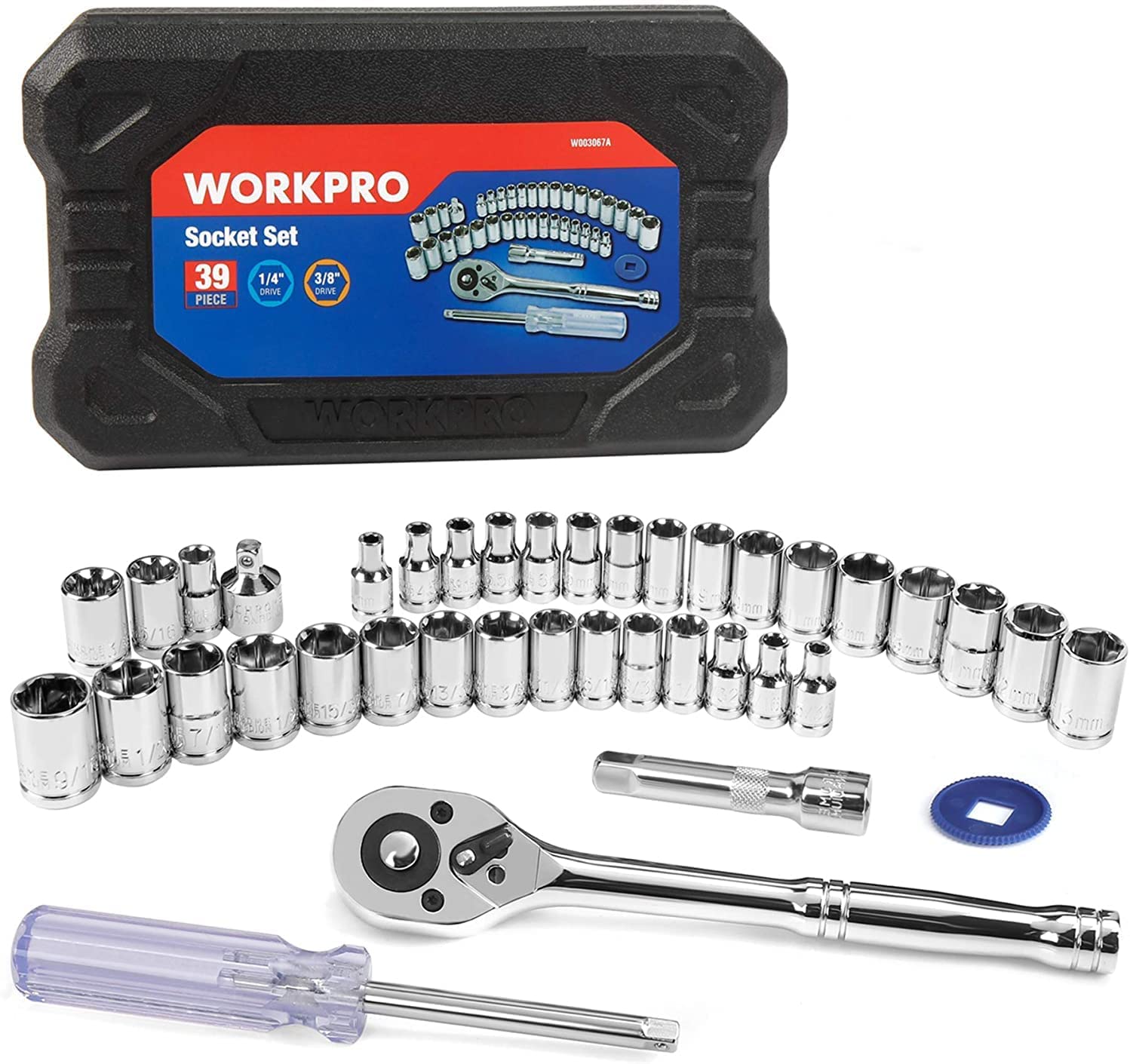 Socket wrench tool set with chrome sockets, ratchet, drive handle, and black carrying case