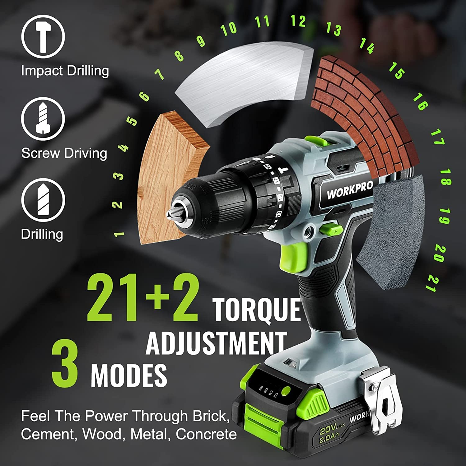 WORKPRO cordless impact drill driver with dual mode selector on body and green battery