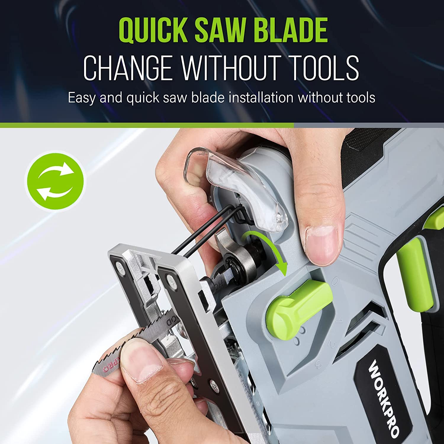 Corded electric jigsaw with tool-less blade change mechanism and front blade bay